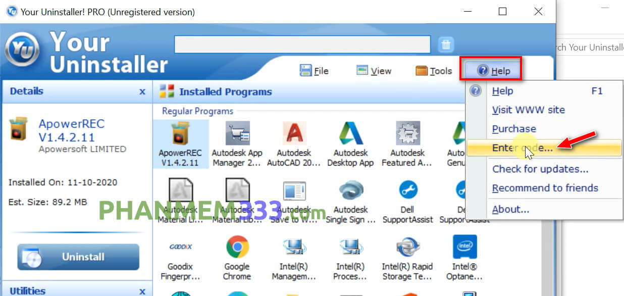 Tại cửa sổ của phần mềm Your Uninstaller, bạn chọn tab Help, chọn tiếp Enter Code để nhập code acti cho phần mềm.