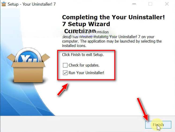 Tích chọn như ô vòng đỏ và bấm nút Finish để kết thúc cài đặt phần mềm Your Uninstaller.