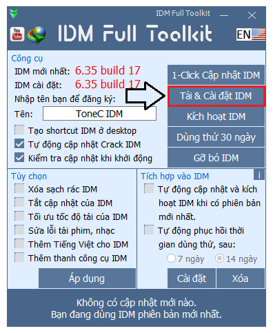 cài đặt IDM qua toolkit xong