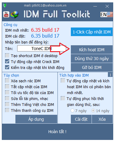 Crack IDM bằng toolkit