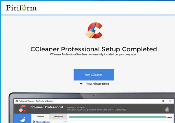 Quá trình cài đặt ccleaner thành công.