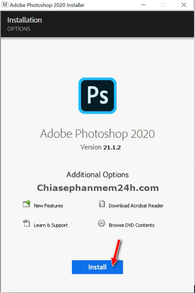 Bấm Install để bắt đầu cài đặt phan mềm xử ảnh photoshop cc 2020